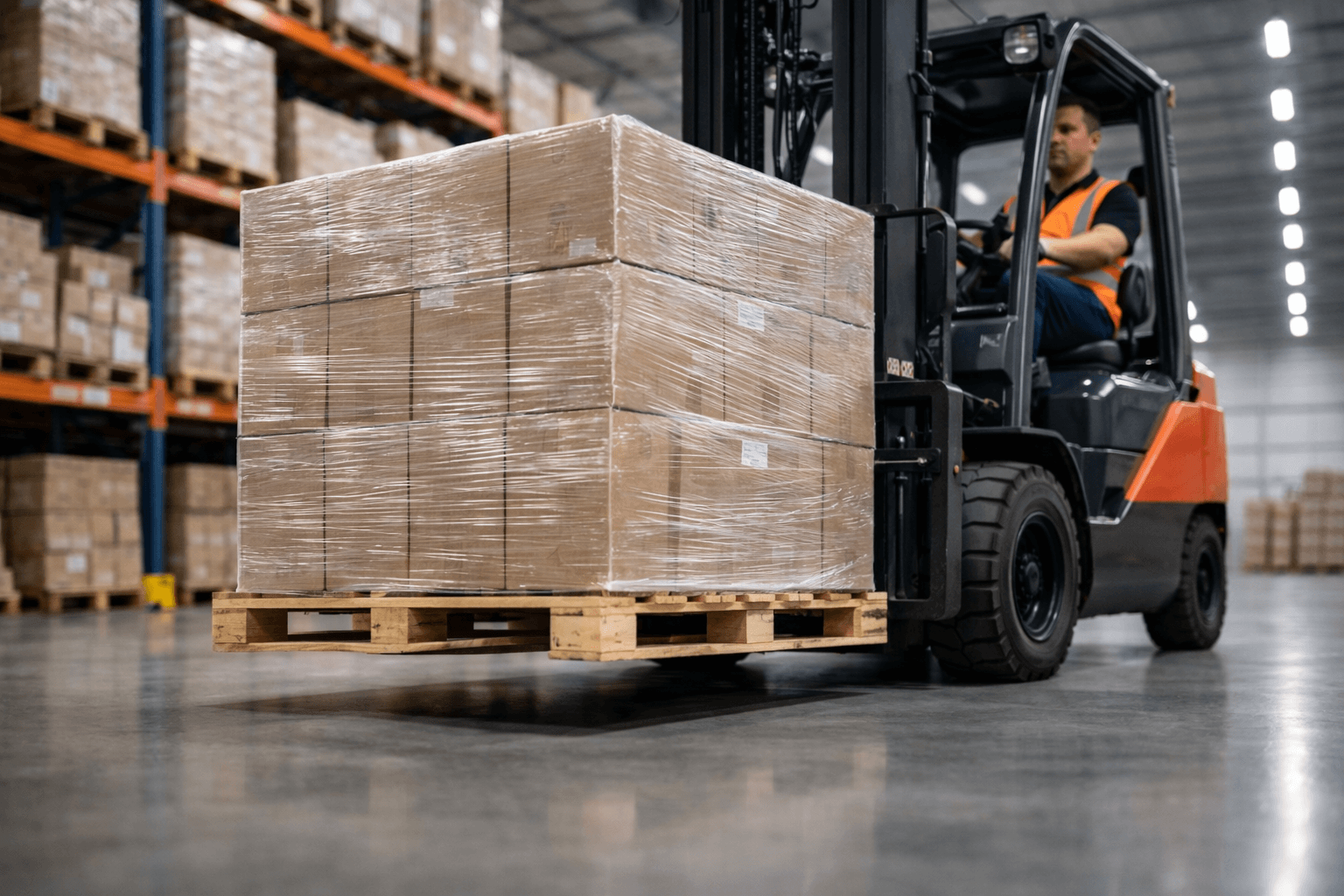 Forklift moving a palletised load inside a Quick Cargo warehouse
