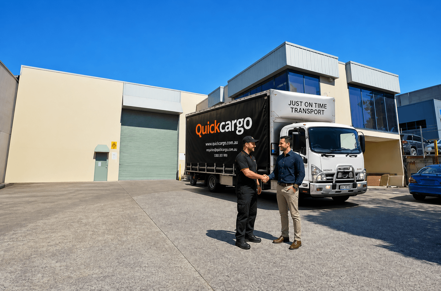 Quick Cargo driver meeting a client beside a tail lift truck