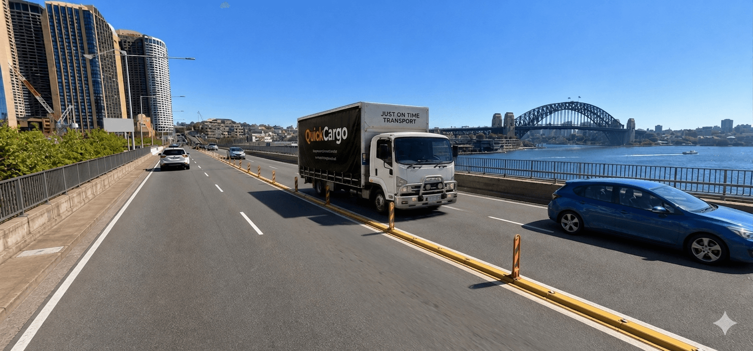 Quick Cargo delivery truck driving past the Sydney Harbour Bridge